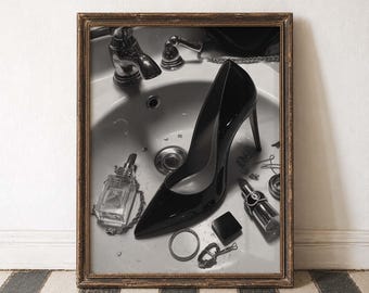 Fashion Sink Art High Heel Print Perfume Poster Black White Glam Vintage Vibe Art Luxury Vanity Art Stylish Wall Decor Chic Bathroom Art