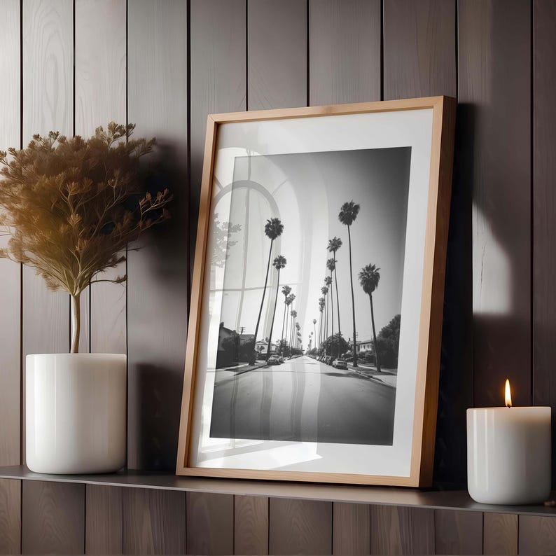 May include: A framed black and white photograph of a palm tree-lined street. The photograph is in a light wood frame and is displayed on a shelf with a white candle and a potted plant.