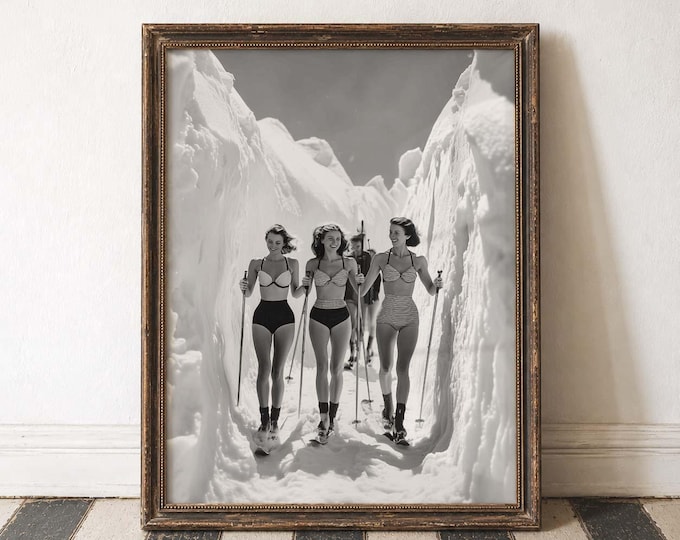 Skiing Wall Print Vintage Ski Poster Adventure Wall Art Retro Sports Art Winter Wonderland Black White Print Snow Mountain Active Lifestyle
