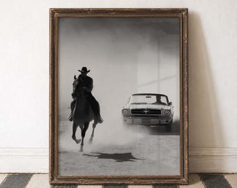 Art mural cow-boy art mural vintage noir et blanc voiture homme des cavernes Decor voiture classique impression cheval photographie Ouest américain Action affiche