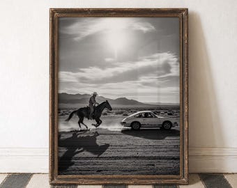 Cowboy Art Print Classic Car Art Desert Landscape Vintage Car Print Horse Riding Art Ranch House Art Timeless Adventure Dusty Road Print