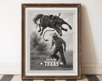 Vintage Texas Cowboy Texas Wandkunst Cowboy Poster Western Dekor Rodeo Kunstwerk Wilder Westen Druck Pferd Kunstdruck Rustikales Haus Schwarz Weiß Druck