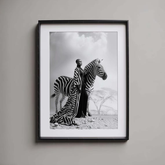 African Queen Art Black Woman Art Zebra Wall Art Black and White Fashion Wall Art Afrocentric Decor Powerful Woman Art Safari Wall Art Decor