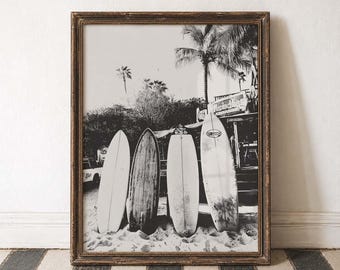 Surf Wall Art Beach House Decor Coastal Wall Print Surfboard Poster Retro Beach Art Tropical Decor Ocean Vibes Art Palm Tree Print Vintage