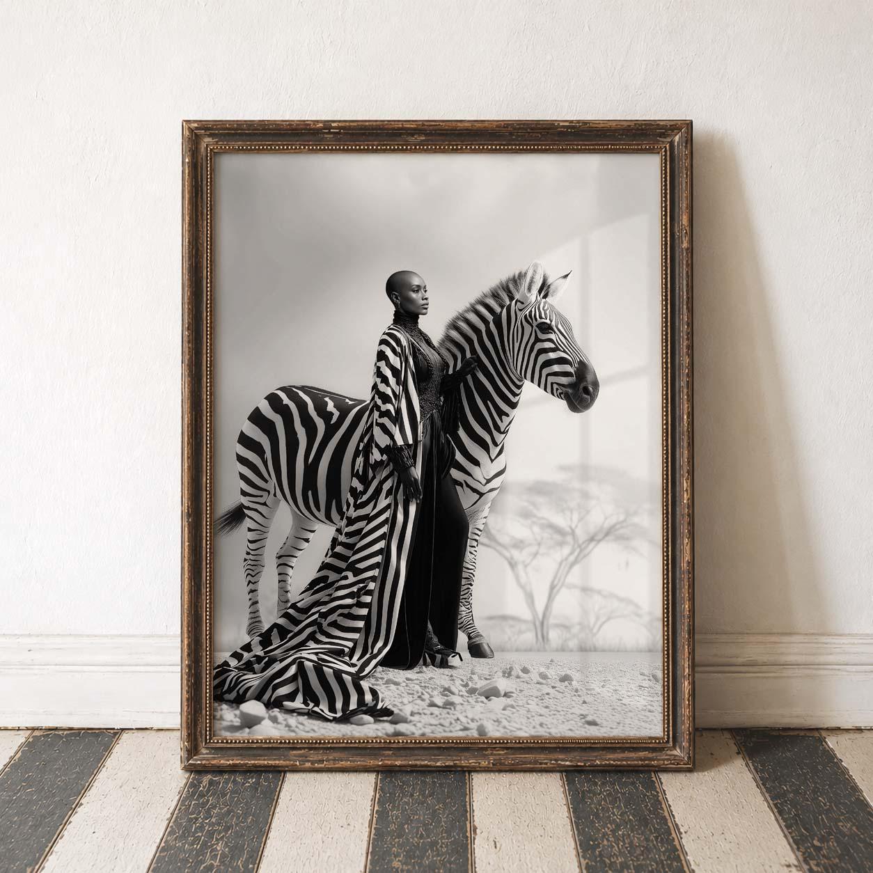 African Queen Art Black Woman Art Zebra Wall Art Black and White