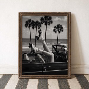 Beach Car Fun Vibes Roller Skates Summer Drive Vintage Scene Playful Girl Retro Cool Black White Youth Vibes Palms Happy Day Wild Freedom
