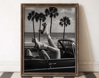 Strand Auto Spaß Vibes Rollschuhe Sommer Fahrt Vintage Szene Verspielte Mädchen Retro Cool Schwarz Weiß Jugend Vibes Palms Glücklicher Tag Wild Freiheit