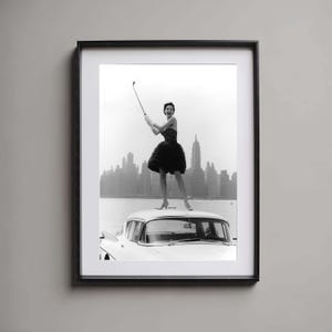 Vintage Woman Art Retro Golf Poster Black White Print City Skyline Art Old Hollywood Vibe Pinup Wall Decor Glam Fashion Print Classic Car