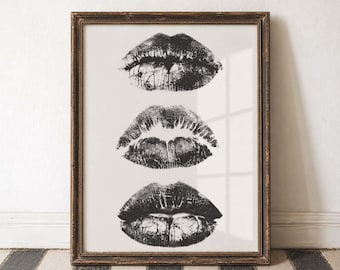Lips Wall Art Black and White Kiss Print Minimalist Decor Bathroom Wall Dressing Room Art Lipstick Modern Pop Art Fashion Chic Home Decor