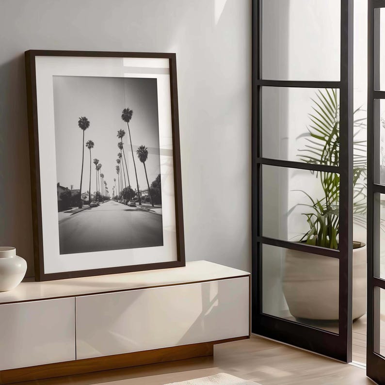 May include: Black and white framed print of a street lined with tall palm trees. The photograph is in a dark brown frame and is displayed on a white cabinet. The image captures a perspective view of the road.