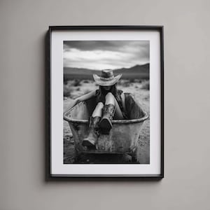 Cowgirl in Tub Desert Bath Art Western Poster Black White Art Country Chic Bathtub Moment Rustic Wall Art Cowgirl Boots Western Relax Wander