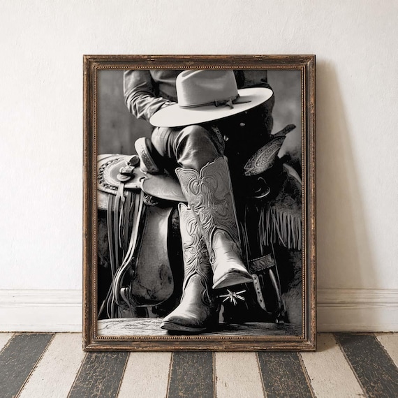 Cowboy Wall Art Black and White Western Wall Art Man Cave Decor Rustic Home Decor Cowboy Boots Art Ranch Life Decor American West Farmhouse