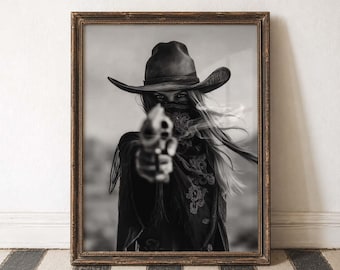 Stampa Cowgirl Stile Far West Arte Western Bandana Donna Cowgirl con Pistola Arte Country Edgy Atteggiamento Western Cowgirl Grintosa Poster Fuorilegge