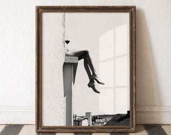 Vista da varanda, vida urbana, estética urbana, cena em preto e branco, fotografia de rua, arquitetura retrô, cidade vintage, decoração elegante, artística e atemporal.