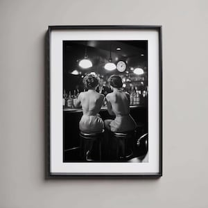 Bar Scene Photo Art Vintage Nightlife Elegant Women Back Retro Bar Aesthetic Chic Black White Pic Luxury Style Wall Timeless Bar Scene Art