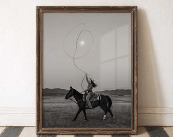 Cow-girl avec lasso cheval western impression rodéo art noir blanc décoration équestre western téléchargement numérique cow-boy style de vie impression murale rustique