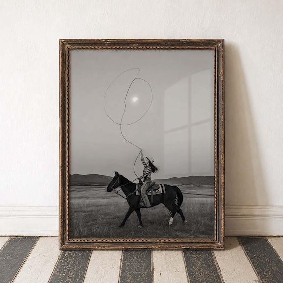 Cowgirl With Lasso Western Horse Art Rodeo Print Black White Western Equestrian Decor Digital Download Cowboy Lifestyle Rustic Wall Print