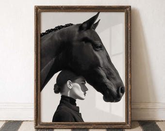 Arte mural de caballos en blanco y negro, decoración ecuestre, arte minimalista, fotografía de caballos, arte elegante de mujeres, arte de alto contraste, arte mural moderno, surrealista.