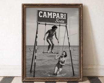 Beach Fun Retro Swim Summer Mood Black White Vintage Style Italian Vibes Seaside Art Playful Women Soda Sign Swimsuit Retro Ocean Scene Art