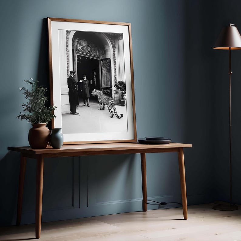 Op de afbeelding: Een zwart-witfoto van een luipaard dat langs twee mannen loopt voor een gebouw. De foto is ingelijst in een houten lijst en hangt aan een muur boven een houten tafel.