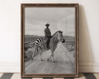 Cowboy Wall Art Zebra Wall Art Black and White Surreal Western Art Quirky Home Decor Eclectic Wall Art Cowboy Riding Zebra Man Cave Decor