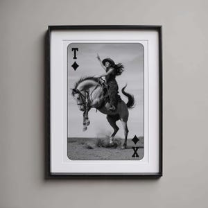 Cartas de juego de vaquera en blanco y negro, arte de pared de vaquera, impresión retro del oeste, arte de pared de rodeo de vaquera vintage, póster de vaquera, arte del oeste vintage