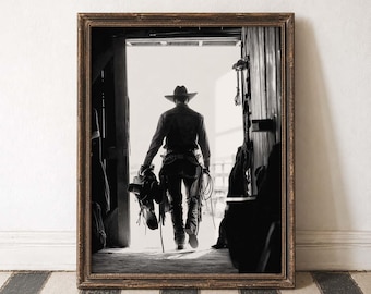 Arte murale da cowboy in bianco e nero, arte western, decorazioni per la vita di ranch, arte per la tana dell'uomo, decorazioni rustiche per la casa, arte da fattoria, fotografia di cowboy, monocromatica