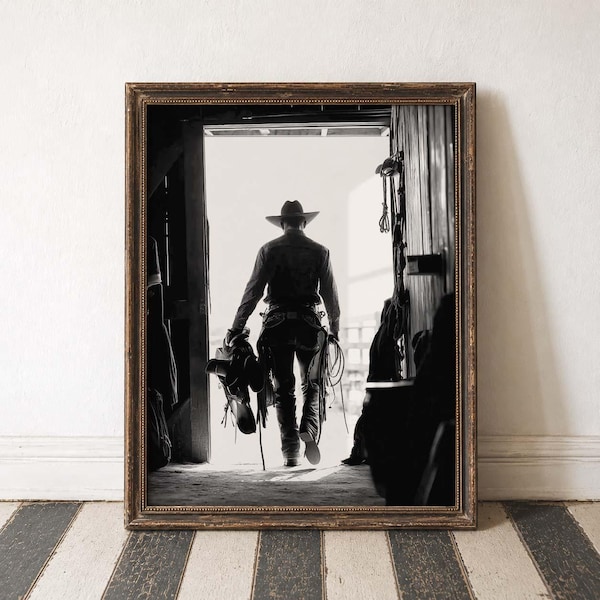 Cowboy Wall Art Black and White Western Wall Art Ranch Life Decor Man Cave Art Rustic Home Decor Farmhouse Art Cowboy Photography Monochrome