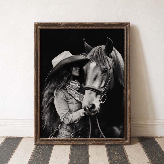 Cowgirl Aesthetic Western Art Cowgirl Style Equestrian Art Rustic Wall Decor Horse Lover Gift Country Life Decor Black White Print Vintage