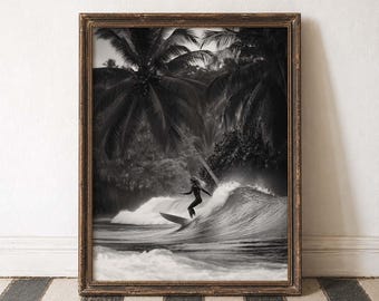 Tropischer Strand Kunst Surfer Welle Poster Schwarz Weiß Druck Küsten Zuhause Kunst Insel Vibes Dekor Ozeanwelle Kunstwerk Abenteuer Wand Strand Druck