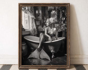 Mermaid Wall Art Gothic Home Decor Black and White Fantasy Art Print Victorian Decor Mermaidcore Moody Bathroom Art Dark Fantasy Enchanted