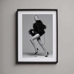 Dynamic Pose Art Fashion Wall Decor Monochrome Style Chic Fashion Print Feather Coat Art High Fashion Look Digital Art Print Elegant Decor