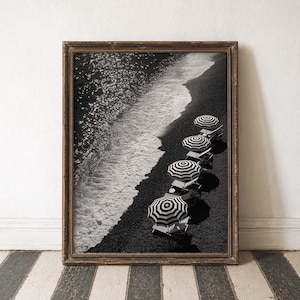Beach Wall Art Black and White Coastal Decor Striped Umbrellas High Contrast Art Ocean Waves Black Sand Beach Minimalist Print Aerial Beach