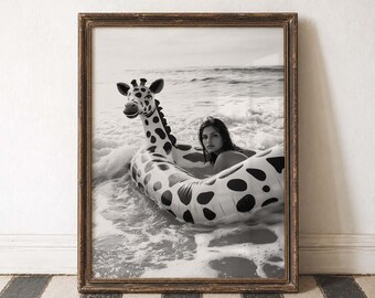 Beach Fun Retro Swimsuit Summer Photography Vintage Poolside Ocean Vibes Black White Print Timeless Beauty Seaside Aesthetic Coastal Fashion