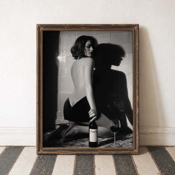 Femme Fatale Art Black and White Glamour Wall Art Film Noir Style Sensual Wall Art Wine Lover Gift Bar Cart Moody Bathroom Monochrome Print