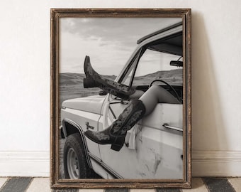 Cowgirl Wall Art Western Glam Print Boots and Truck Country Style Art Retro Road Poster Black White Decor Bold Western Art Feminine Country