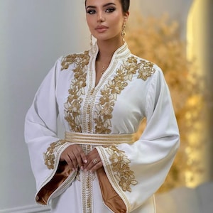 High-End Premium White & Gold Moroccan Caftan Unique Princess Dress Handcrafted Gold Embroidery Fast Shipping