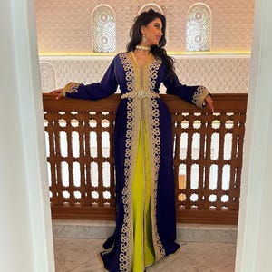 Hand-Embroidered Moroccan Kaftan in Royal Blue and Yellow for Haute Couture Brides 2026