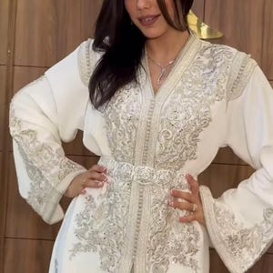 Luxury White Handcrafted Moroccan Caftan Bridal Dress with Silver Embroidery & Free Belt for Wedding Ceremony