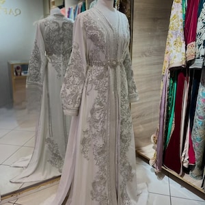 WHITE and SILVER Designer morrocan Stylish Royal Embroidered morrocan Takchita  Wedding Kaftan With Free mdama belt
