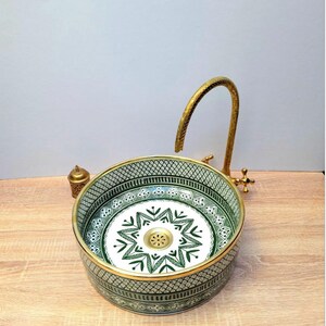 Serene Verde Custom Made Green Ceramic Sink with Brass Rim for Bathroom Vanity- Moroccan Washbassin -Bathroom Statement Piece -morrocan sink
