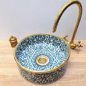 Serene Verde Custom Made bleu Ceramic Sink with Brass Rim for Bathroom Vanity -Bathroom Statement Piece- WORLDWIDE FREE SHIPPING