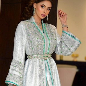 Silver Takshita Haute Couture Moroccan Caftan Premium High-End Handcrafted Embroidery with Green Gemstones Free Silver Belt Fast Shipping