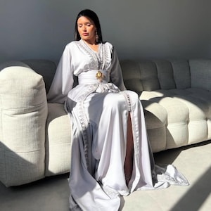 Silver Grey Silk Caftan with Elegant Hand Embroidery - handcrafted takchita for weddings, receptions, or Nikah ceremonies 2026