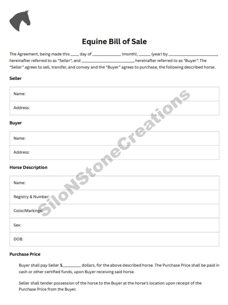 Equine Bill Of Sale Horse Selling Digital Download Printable Equine bill of sale horse selling digital download printable