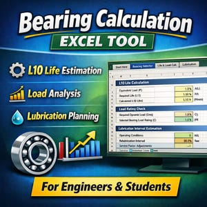Könnte beinhalten: Digitalgrafik, die ein Excel-Tool zur Berechnung von Lagern bewirbt. Das Bild zeigt einen Computerbildschirm mit einer Tabelle sowie Symbolen für die L10-Lebensdauerschätzung, Lastanalyse und Schmierplanung. Text: "Für Ingenieure & Studenten."
