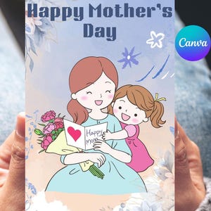 Cartão de feliz dia das mães editável e imprimível I Download instantâneo digital I Cartão de felicitações I mãe e uma criança I buquê de flores I coração rosa