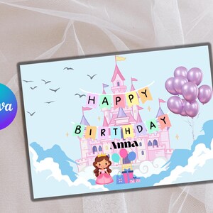 Cartão de aniversário de princesa editável | Modelo vibrante multicolorido do Canva | Cartão de download digital de conto de fadas