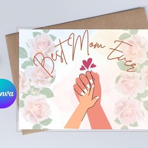 Bewerkbare en afdrukbare Happy Mother's Day-kaart I Digitale Instant Download I Wenskaart I lichtroze rozen en groene bladeren
