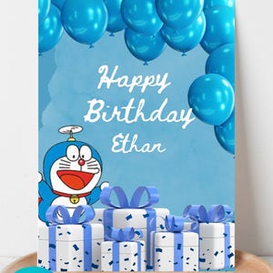 Cartão de aniversário editável - modelo de desenho animado vibrante de Doraemon, download colorido do Canva, cartão de aniversário digital elegante